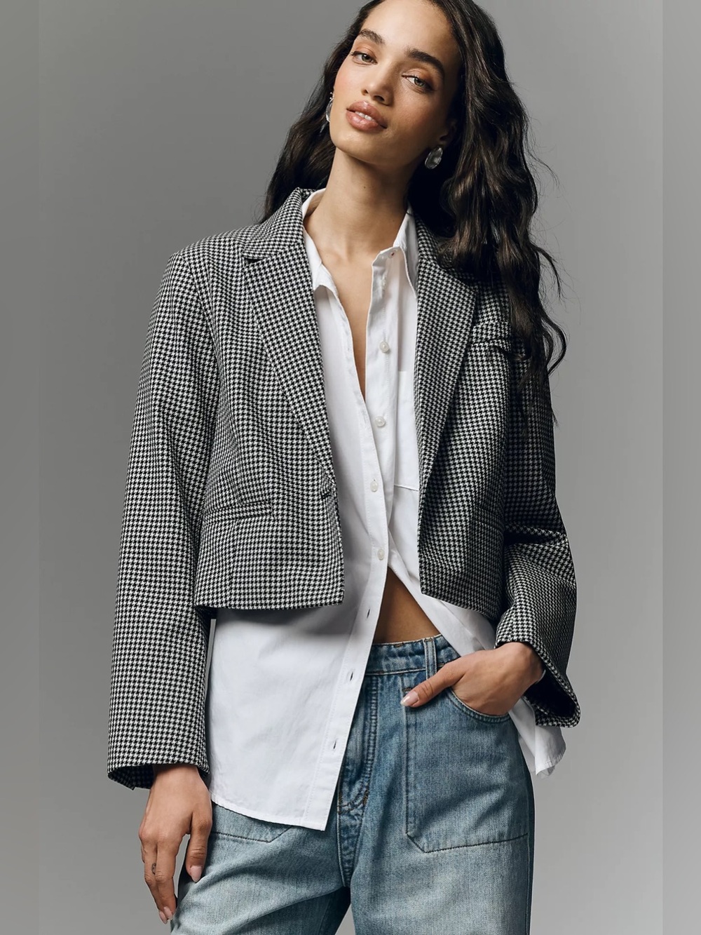NWT Anthropologie Maeve Crop Blazer in Black Houndstooth Size Medium